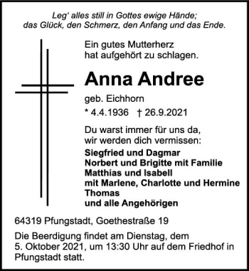 Traueranzeige von Anna Andree von vrm-trauer