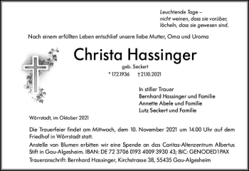 Traueranzeige von Christa Hassinger von vrm-trauer