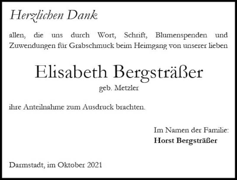  Traueranzeige für Elisabeth Bergsträßer vom 23.10.2021 aus vrm-trauer