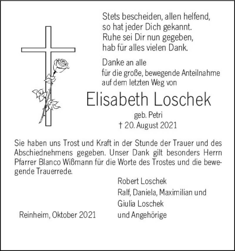  Traueranzeige für Elisabeth Loschek vom 09.10.2021 aus vrm-trauer
