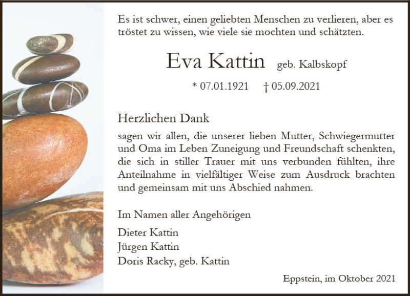  Traueranzeige für Eva Kattin vom 15.10.2021 aus vrm-trauer