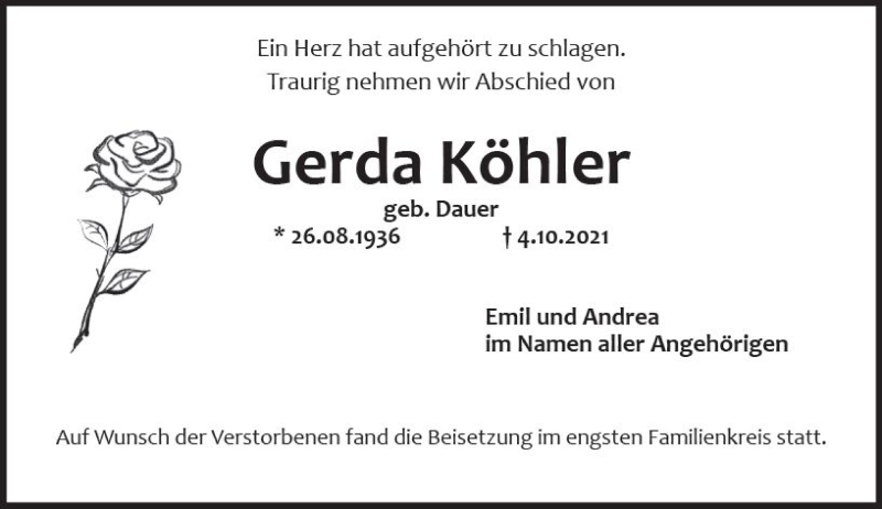  Traueranzeige für Gerda Köhler vom 15.10.2021 aus vrm-trauer