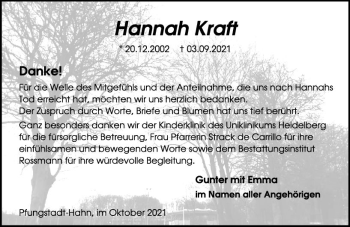 Traueranzeige von Hannah Kraft von vrm-trauer