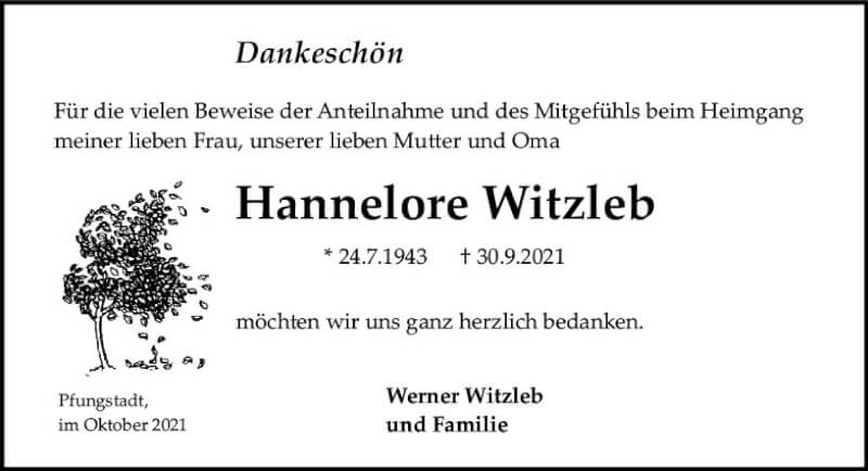  Traueranzeige für Hannelore Witzleb vom 23.10.2021 aus vrm-trauer