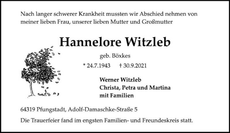  Traueranzeige für Hannelore Witzleb vom 09.10.2021 aus vrm-trauer