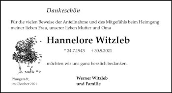 Traueranzeige von Hannelore Witzleb von vrm-trauer