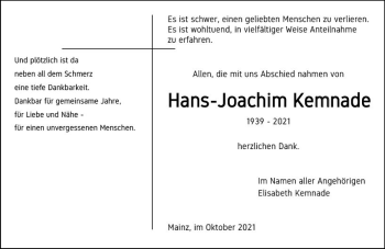 Traueranzeige von Hans-Joachim Kemnade von vrm-trauer