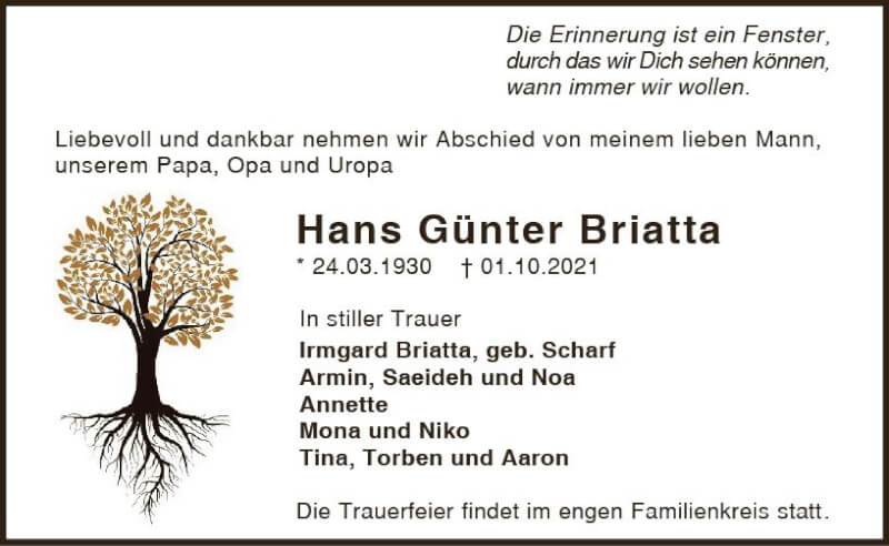 Traueranzeige für Hans Günter Briatta vom 09.10.2021 aus vrm-trauer