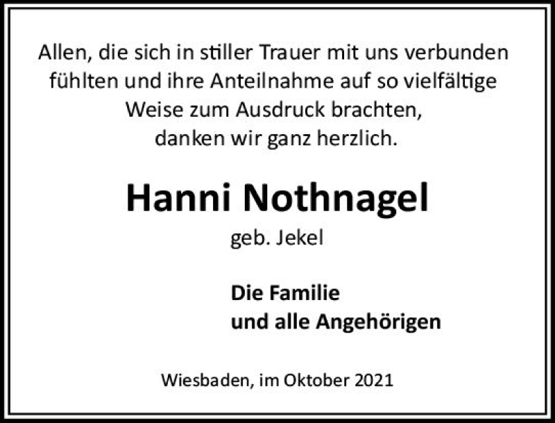  Traueranzeige für Johanna Nothnagel vom 16.10.2021 aus vrm-trauer