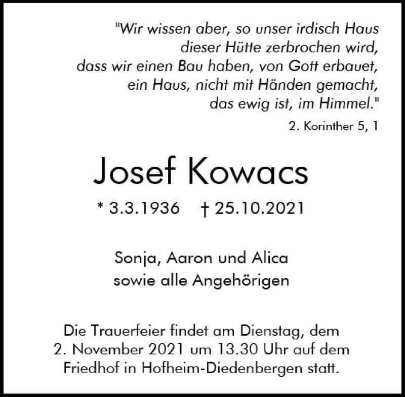  Traueranzeige für Josef Kowacs vom 29.10.2021 aus vrm-trauer