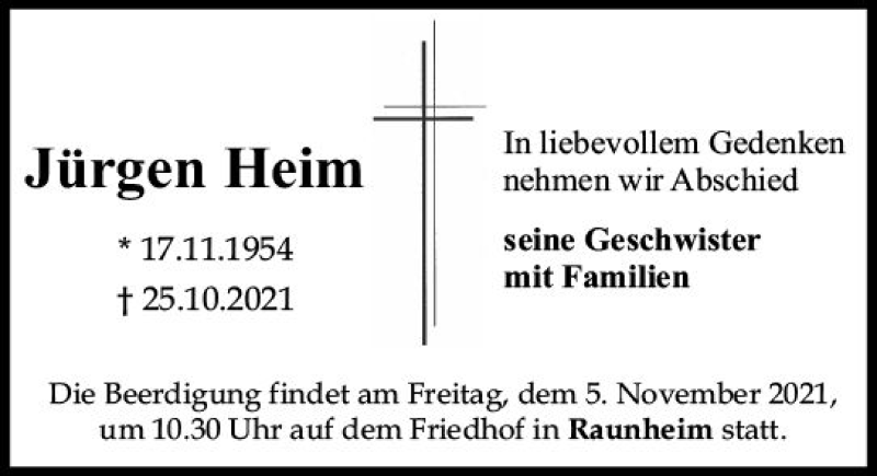 Traueranzeige für Jürgen Heim vom 30.10.2021 aus vrm-trauer