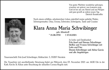 Traueranzeige von Klara Anna Maria Schwibinger von vrm-trauer