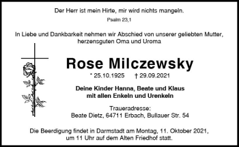 Traueranzeige von Rose Milczewsky von vrm-trauer
