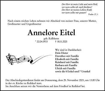 Traueranzeige von Annelore Eitel von vrm-trauer
