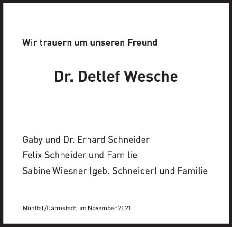  Traueranzeige für Detlef Wesche vom 20.11.2021 aus vrm-trauer