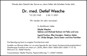 Traueranzeige von Detlef Wesche von vrm-trauer