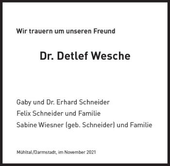 Traueranzeige von Detlef Wesche von vrm-trauer