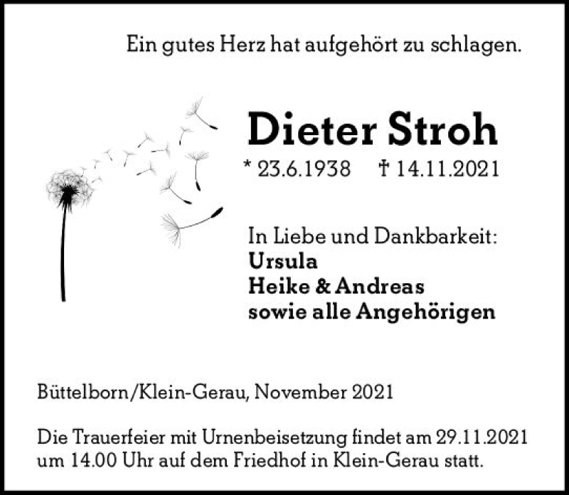  Traueranzeige für Dieter Stroh vom 20.11.2021 aus vrm-trauer