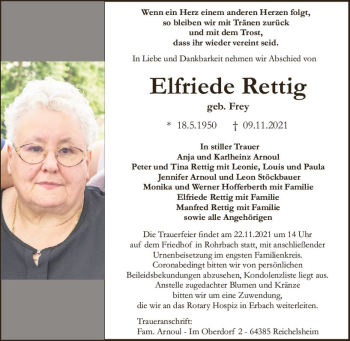 Traueranzeige von Elfriede Rettig von vrm-trauer