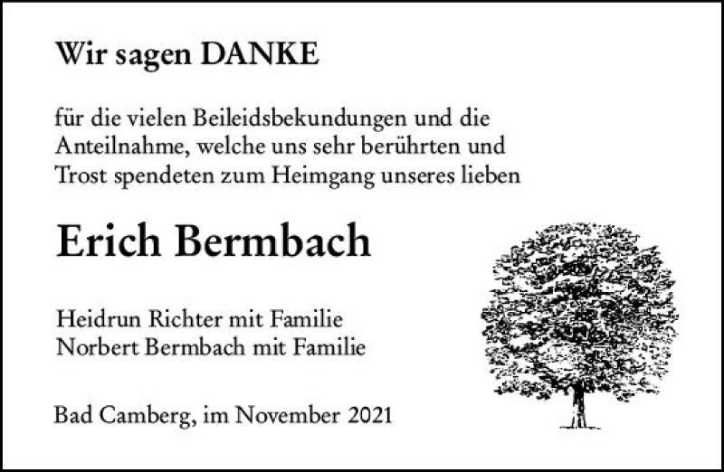  Traueranzeige für Erich Bermbach vom 25.11.2021 aus  Camberger Anzeiger