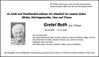 Traueranzeige von Gretel Roth von vrm-trauer