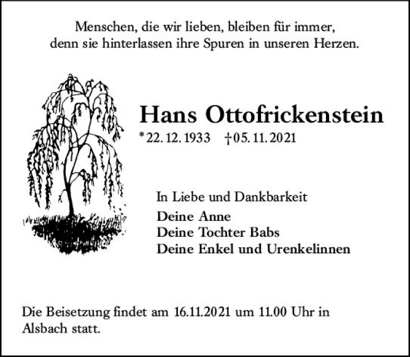  Traueranzeige für Hans Ottofrickenstein vom 13.11.2021 aus vrm-trauer