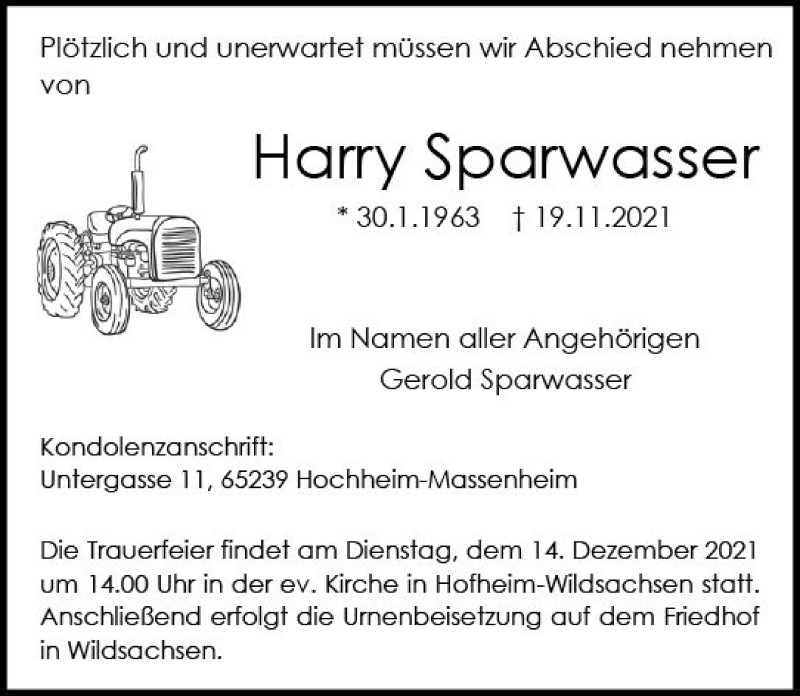  Traueranzeige für Harry Sparwasser vom 30.11.2021 aus vrm-trauer