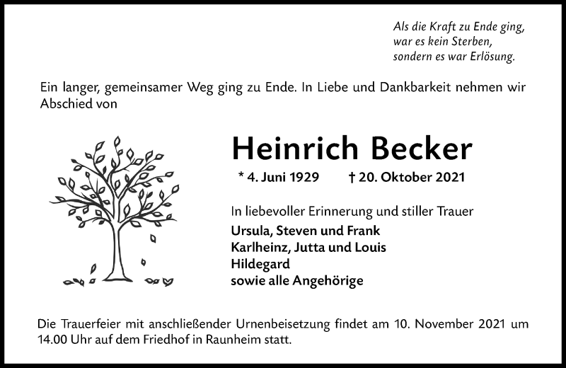  Traueranzeige für Heinrich Becker vom 06.11.2021 aus vrm-trauer