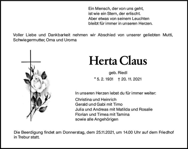  Traueranzeige für Herta Claus vom 23.11.2021 aus vrm-trauer