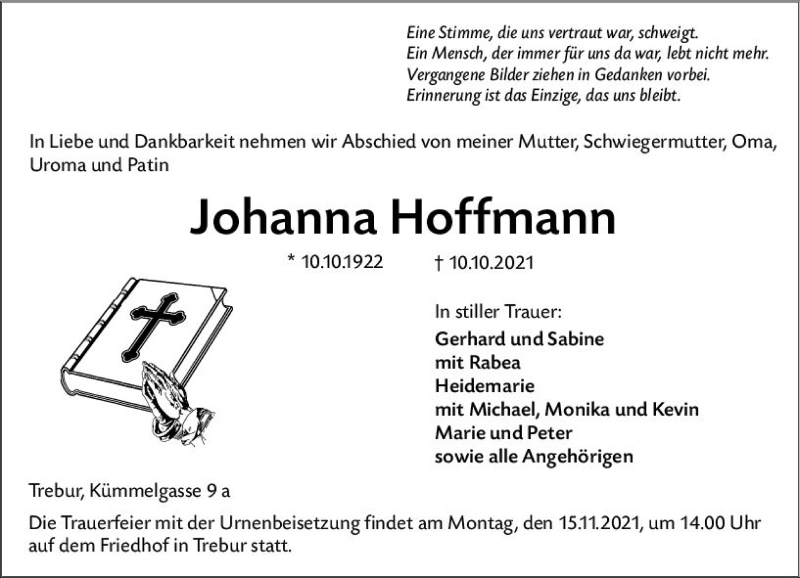  Traueranzeige für Johanna Hoffmann vom 12.11.2021 aus vrm-trauer
