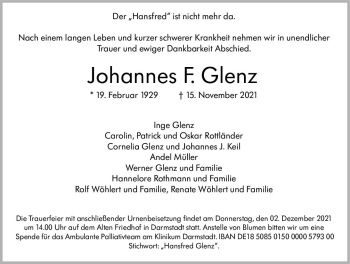 Traueranzeige von Johannes F. Glenz von vrm-trauer