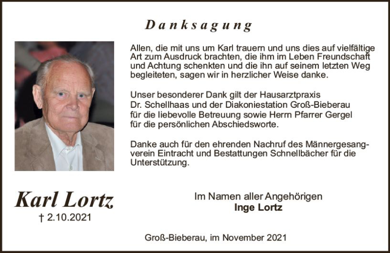  Traueranzeige für Karl Lortz vom 13.11.2021 aus vrm-trauer