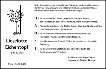 Traueranzeige von Lieselotte Eichentopf von vrm-trauer