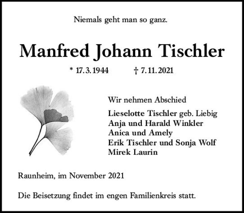  Traueranzeige für Manfred Johann Tischler vom 13.11.2021 aus vrm-trauer