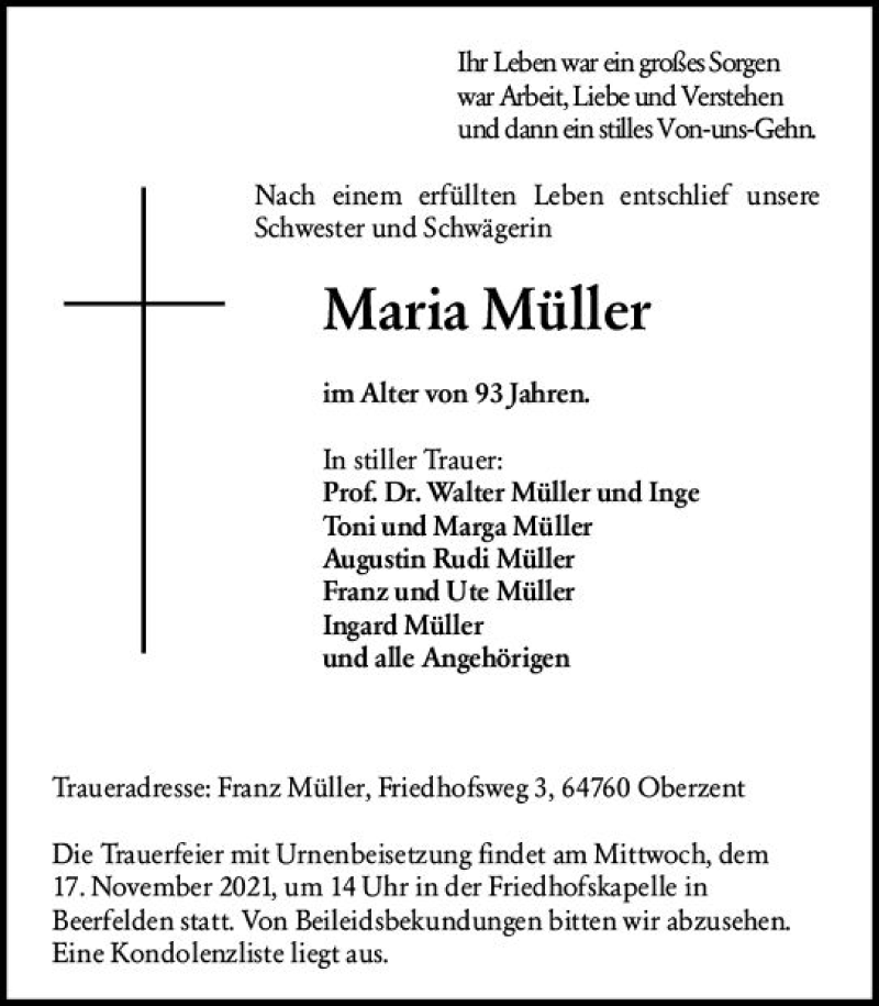  Traueranzeige für Maria Müller vom 13.11.2021 aus vrm-trauer