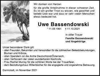 Traueranzeige von Uwe Bassendowski von vrm-trauer