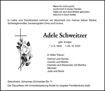 Traueranzeige von Adele Schweitzer von vrm-trauer