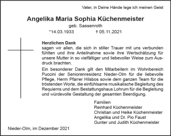 Traueranzeige von Angelika Maria Sophia Küchenmeister von vrm-trauer