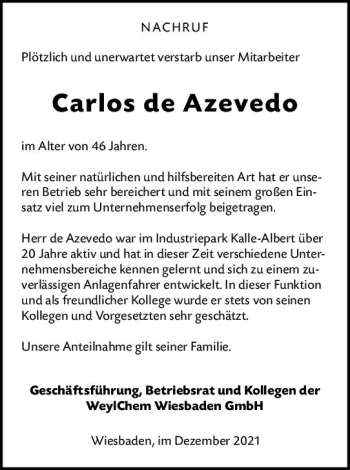 Traueranzeige von Carlos de Azevedo von vrm-trauer