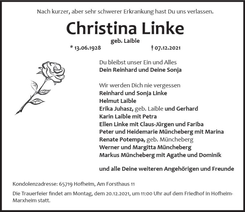  Traueranzeige für Christina Linke vom 10.12.2021 aus vrm-trauer