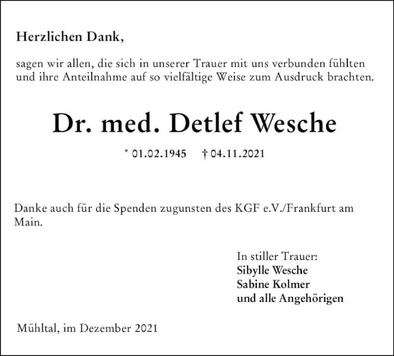  Traueranzeige für Detlef Wesche vom 18.12.2021 aus vrm-trauer