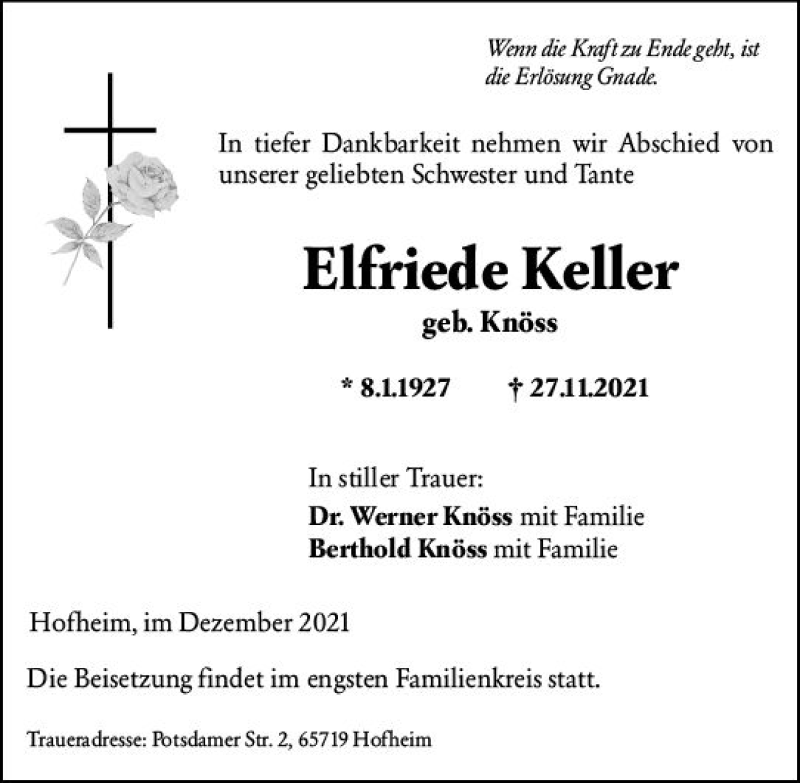  Traueranzeige für Elfriede Keller vom 03.12.2021 aus vrm-trauer