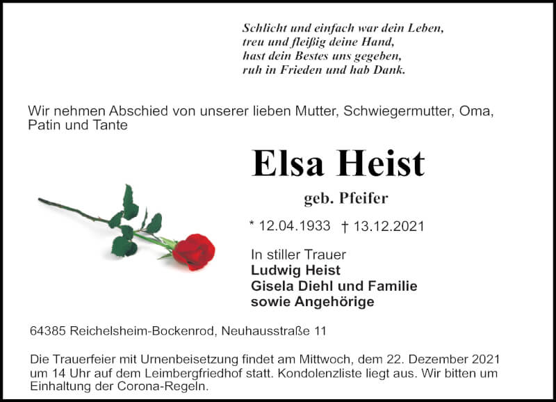  Traueranzeige für Elsa Heist vom 18.12.2021 aus vrm-trauer
