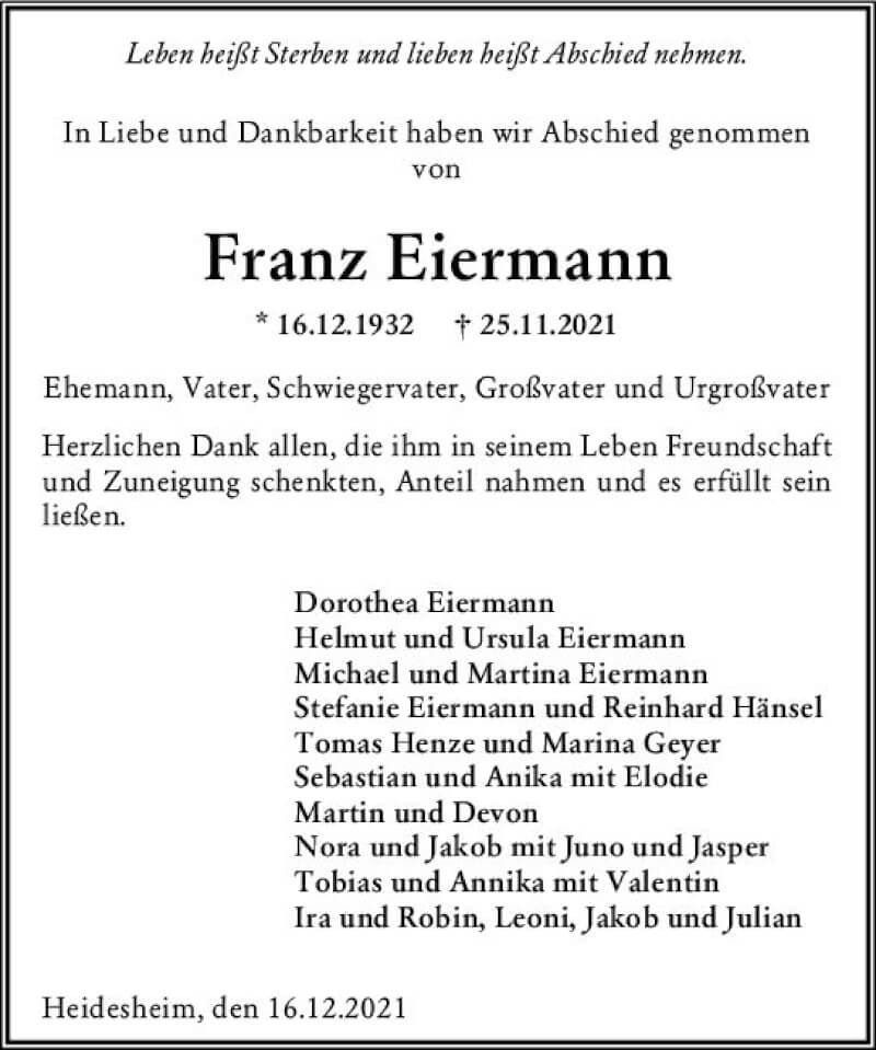  Traueranzeige für Franz Eiermann vom 18.12.2021 aus vrm-trauer