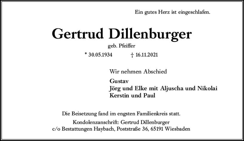  Traueranzeige für Gertrud Dillenburger vom 11.12.2021 aus vrm-trauer