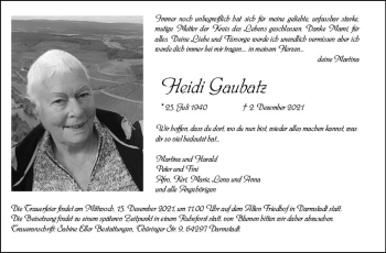 Traueranzeige von Heidi Gaubatz von vrm-trauer