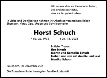 Traueranzeige von Horst Schuch von vrm-trauer