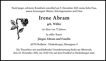 Traueranzeige von Irene Abram von vrm-trauer