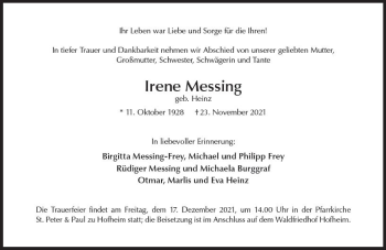 Traueranzeige von Irene Messing von vrm-trauer