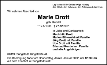 Traueranzeige von Marie Drott von vrm-trauer